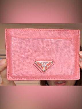 Prada Pink Saffiano Leather cardholder with iconic Triangle Logo